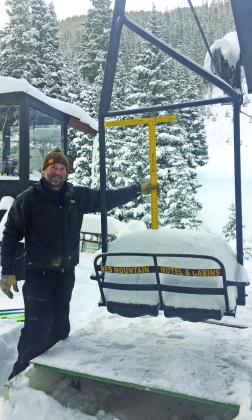 Grady Ham working the powder covered lifts at Silverton Mountain. Photo credit Marc Kloster