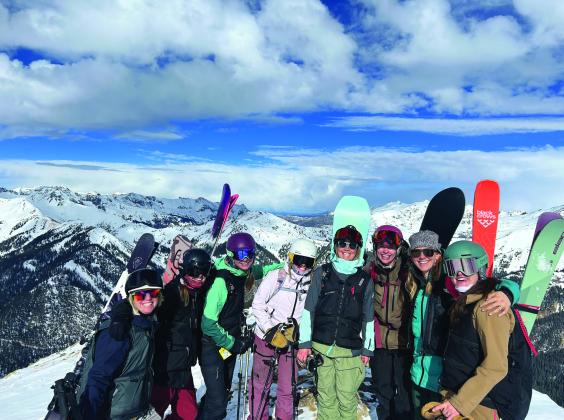 Silverton Mountain’s opening weekend was packed full of locals! Left to right- Cara Kropp, Casie Lashley, Megan Davenport, Belen Roof, Cat Leonaitis, Brooke Stillwell, Maggie Sullivan, MJ Carroll, and guided by Dustin. Photo credit Dustin Eldridge