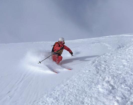 Guide Kim Grant takes a break from researching County candidates and enjoys some October powder skiing at Silverton Mountain on Monday morning. Photo Credit Calvin Davenport