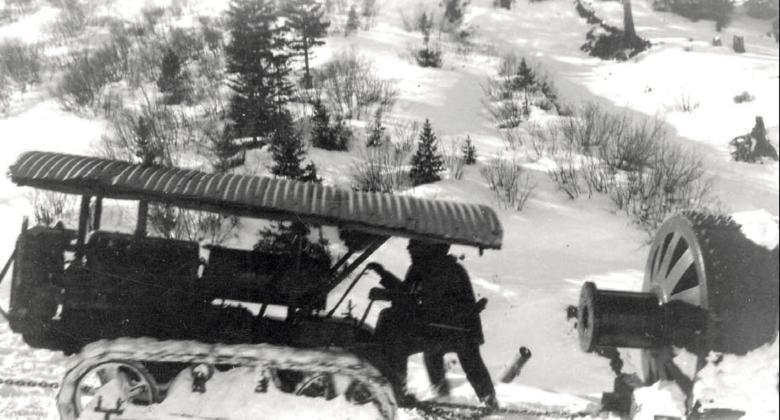 Machinery is hauled to the Pride of the West Mine in the winter of 1931-32. Photo courtesy of San Juan County Historical Society