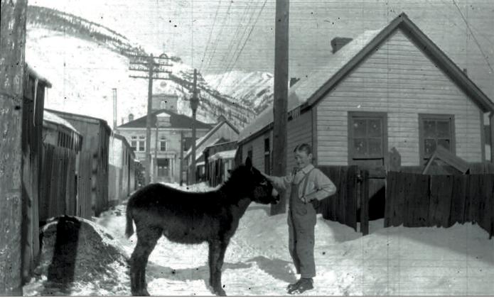 Denny McNaughton with a burro in the alley between Greene and Reese streets, with the San Juan County Courthouse behind them in 1917 or 1918. Photo courtesy of San Juan County Historical Society