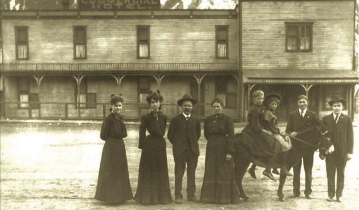 Anton A. Saenger and his family in front of the Commercial Hotel they operated on Mineral Street, with Kendall Mountain in the background, around 1905. From left are Marie Saenger (mother of Stanley Fisher, who donated this photo to the historical society), Florence Saenger, Anton Saenger (1857-1913), Mary Saenger (1860-1909), Bertha “Anna” Saenger (on burro), Emma Saenger (on burro), Sylvester Saenger, and Anton (Tony) Saenger. Photo courtesy of San Juan County Historical Society